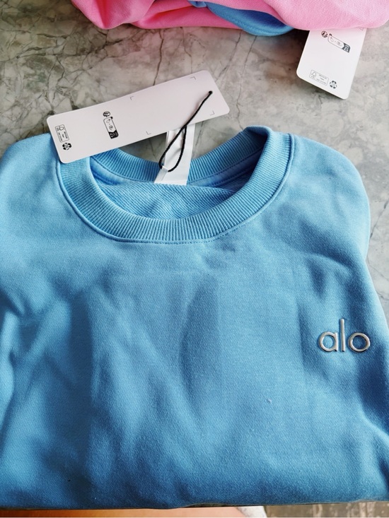 ALO Yoga Sweaters - ALO Yoga Light Blue Cropped Crewneck Sweatshirt with Embroidered Logo
